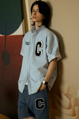 Navy C Patch Light Blue Denim short-sleeved Shirt [Unisex]