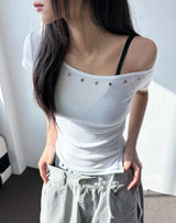 ホットクロス リベット オフショルダー リブ クロップTシャツ 5カラー