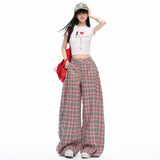 ピンクチェック ワイドレッグストレートパンツ