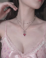 [IDLE Shuhua Necklace] ローズピンクハートプリンセスレイヤードネックレス - シルバーカラー