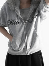 Raccoon Fur Letter Hood Zip-Up