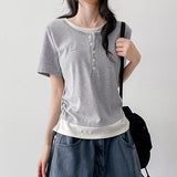Loose Slim Fit 💫 Coloring Layered U-Neck Shirring Button Daily T-Shirt (6 colors)