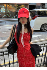 レッドハートドットロングスリーブレスドレス
