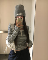 Color-Blocked Henley Neck Stripe T-Shirt