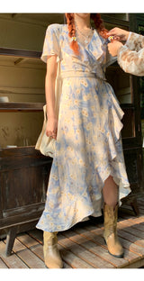 French flower shirring wrap dress