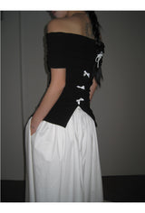 Black Macaron Bow Off Shoulder Tee