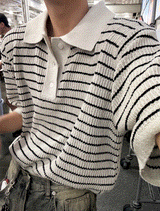 lewen stripe collar short-sleeved knit