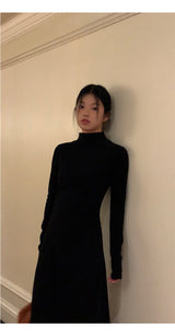 Half Turtleneck Black Flared Long Dress