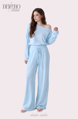 Waffle Asymmetrical Off-Shoulder Sweat Pants Set (TOP+PANTS SET)
