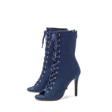 Suede Lace-Up Open Toe Heel(Navy)