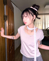 (4color) Damaged U-Neck Layer Contrast Tee