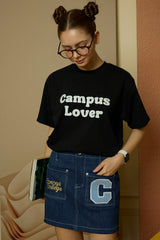 エンボスキャンパスラバーブラックショートスリーブTシャツ [Unisex]