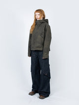 Curved Hood Leather Jacket (Khaki Black)
