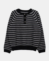 Hira Round Henley-Neck Buttoned Stripe Knit