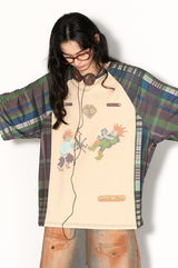 Breathable short-sleeved T-shirt with milk silk checkered patchwork design