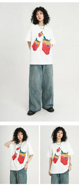 ストロベリーパターンルーズカジュアル半袖Tシャツ