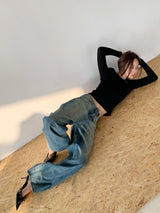 Double Layered Color V-Neck Long Sleeve T-Shirt