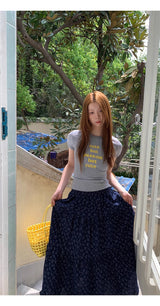 Cozy Navy Flower Frill Long Banding Skirt