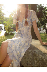 French flower shirring wrap dress