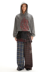 Retro elastic waistband comfortable casual and laid-back color-blocked straight-leg checkered pants