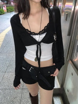 エデン エックス ストラップ レース スリーブレス トップ アンド ブイネック タイ クロップ カーディガン セット