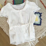 Robenu puff-shoulder frill lace short-sleeve blouse (4 colors) – date look / summer blouse