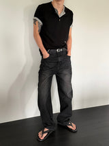 Basic half banding wide denim pants(Black)