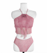 [ 3-piece / watery pink ] camellia frill halter bikini