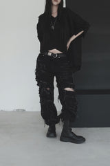 [unisex]レーザーダメージワイドデニム