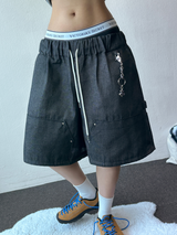 Deep Double Knee Non-Faded Raw Denim Rivet Mini Bermuda  2 Colors 