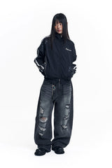 ディストレスカーブドデニムパンツ - ブラック