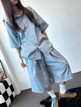 Logi Striped Linen Balloon Short Sleeve Shirt 2color
