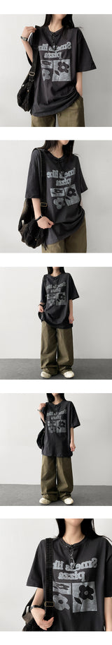 Bird Oversized Fit Flower Short Sleeve T-shirt