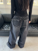 Rough Muse Tassel Ball Stud Wide Long Denim Pants