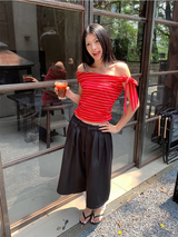 アンバランスカラーオフショルダーストラップストライプTシャツ