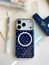 [MADE]ネイビーホワイトドット エポキシ シルバー MagSafe iPhoneケース