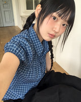 チェック柄シャーリングバンディングパフ半袖ブラウス