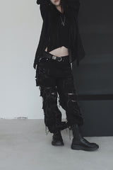 [unisex]レーザーダメージワイドデニム
