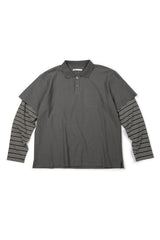 (BASE) LAYERED STRIPE POLO L/S TEE (CHARCOAL)
