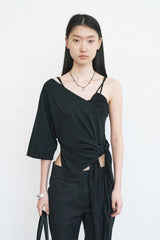 One-Shoulder Button Drape Top (Black)