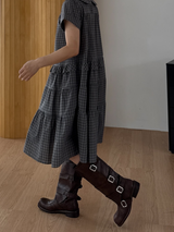 round collar check midi dress 