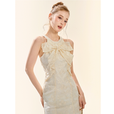 [GirlyFancyClub] Elegant Girl Bowknot Short Skirt Milk Apricot Slim Fit Cold Shoulder Embroidered Lace Dress