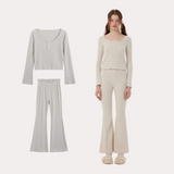 Oatmeal Grey Knitted Pajama Set – Long Sleeve Top & Relaxed Pants | Cozy Winter Sleepwear