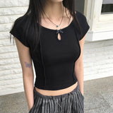 ビエホールスリットリボンカットコットンクロップドショートスリーブドtシャツ