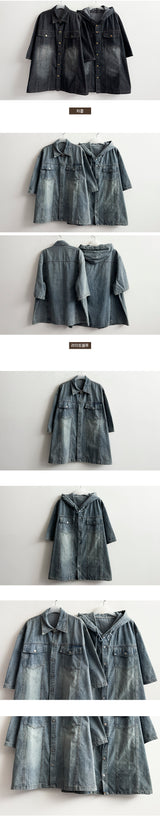 Trin boxy fit denim short-sleeved shirt collar hooded jacket