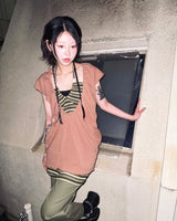 (2color) Bead Shirring Halterneck Stripe Mini Dress