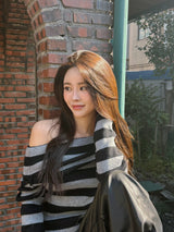 Star Stripe Off-Shoulder Long Sleeve Knitwear