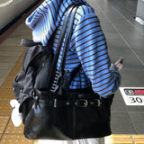 [Kyoto Look🌳✨/Airport Bag] ファンシーフェイクレザーベルトスクエアショルダーバッグ トートバッグ トラベルバッグ 4色 [Black only]