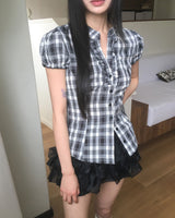 Devon V-neck Checkered Frill Blouse