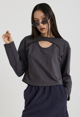 Cotton Layered Long Sleeve T-Shirt, Charcoal